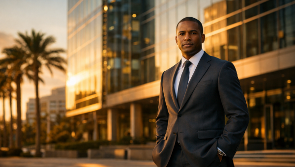 South Florida personal injury attorney standing outside a modern glass office building at sunset