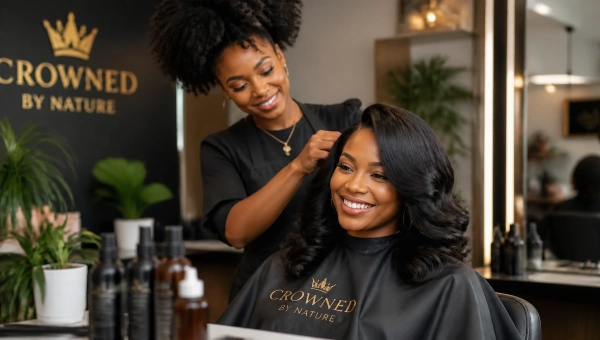 Modern Black-owned hair salon with a warm, empowering atmosphere