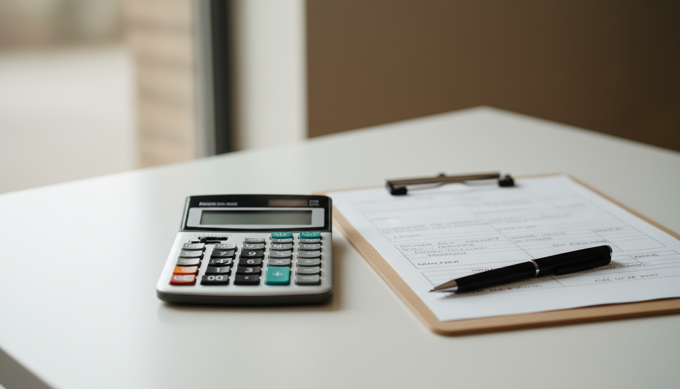 Close-up shot of a calculator_ a clipboard with HVAC service notes_ and a pen_ neatly arranged on a