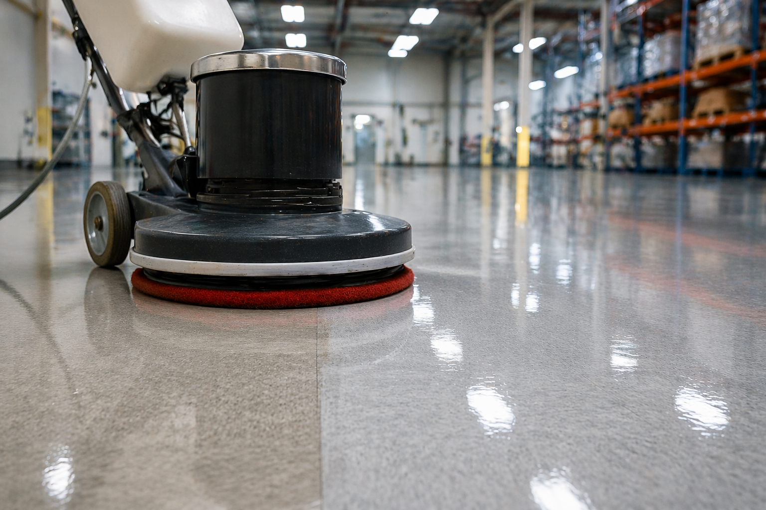 Shiny floor and industrial scrubber