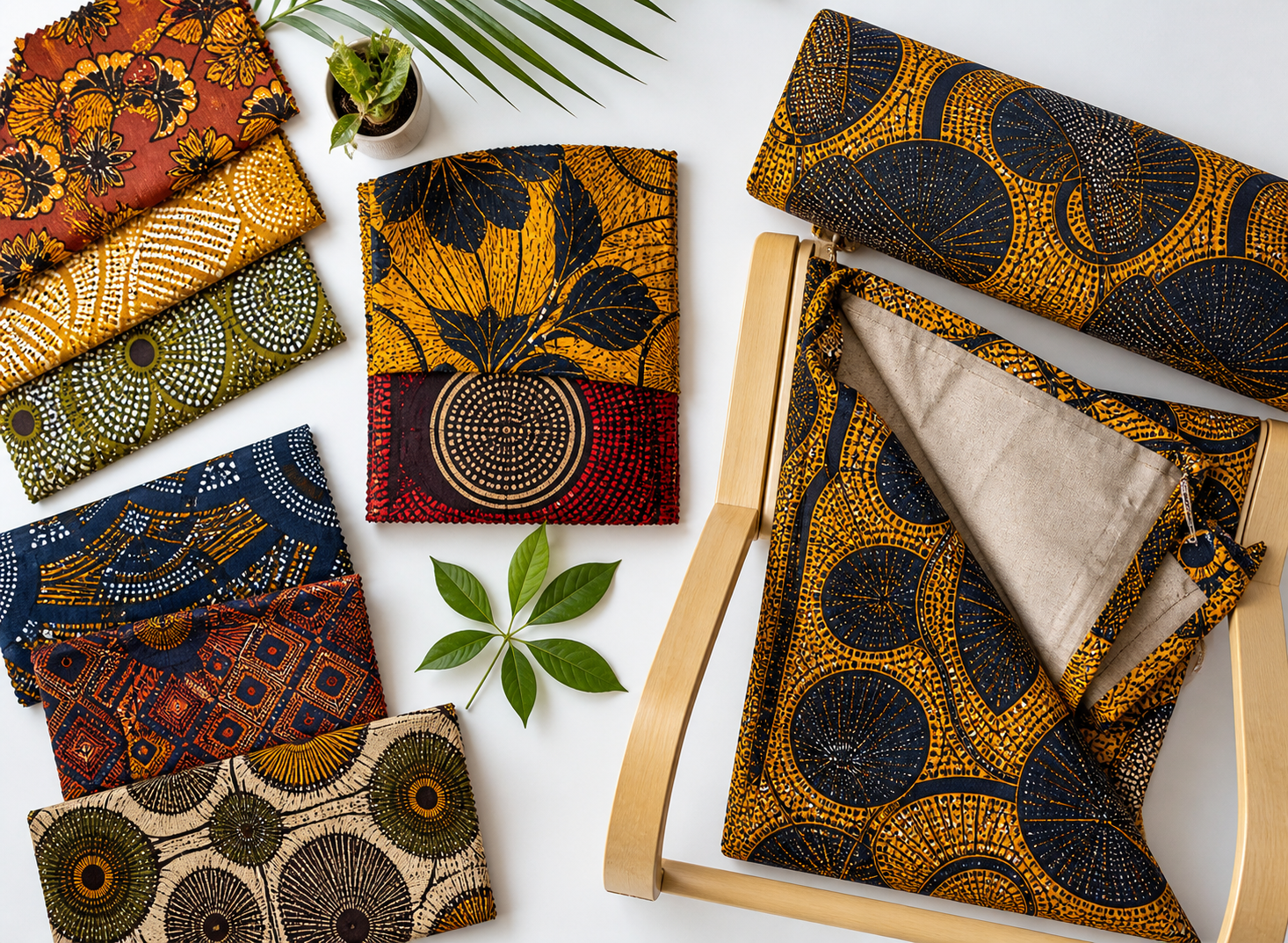 Vibrant fabric swatches and cozy decor