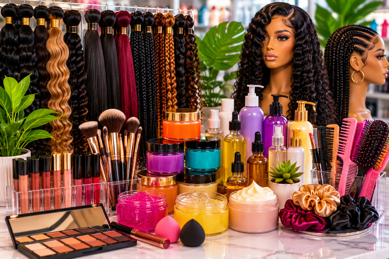 Black-owned beauty supply products including braiding hair, edge control, and natural hair care in Los Angeles County