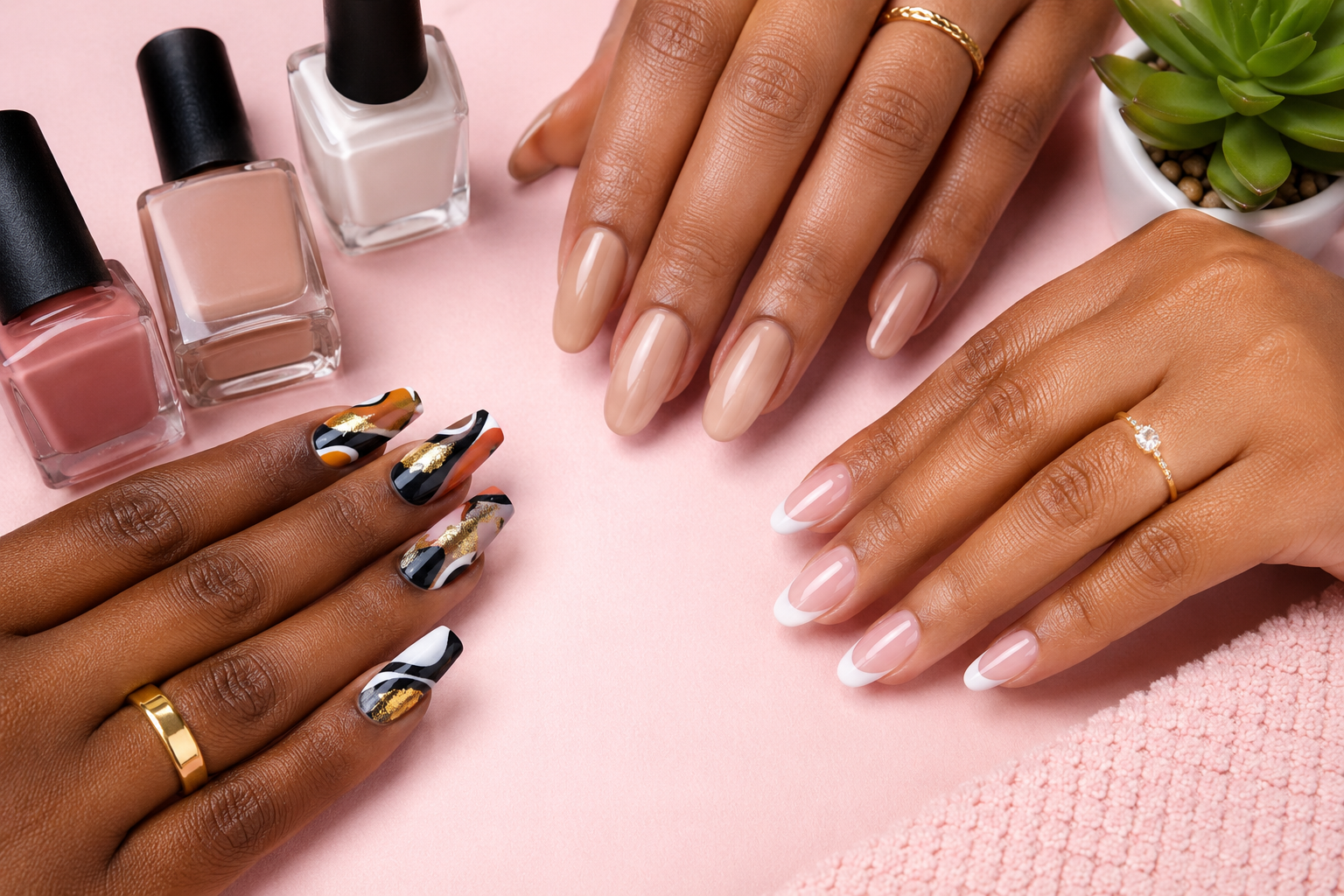 Freshly manicured nails in gel and custom nail-art styles from Black-owned salons in LA County
