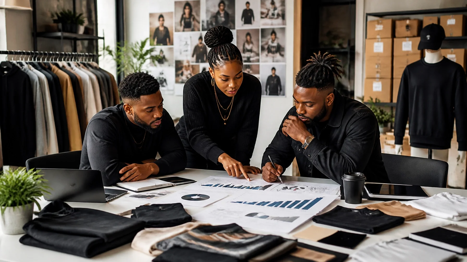 Black clothing brand founders collaborating over apparel samples, growth charts, and financial plans in a modern workspace, representing scale and long-term growth.