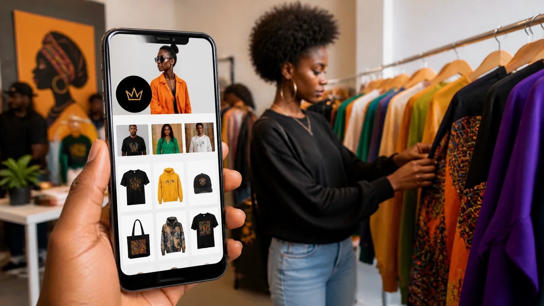 A smartphone displaying a Black-owned clothing brand profile while a shopper browses apparel in a boutique-style setting, representing digital visibility and discovery